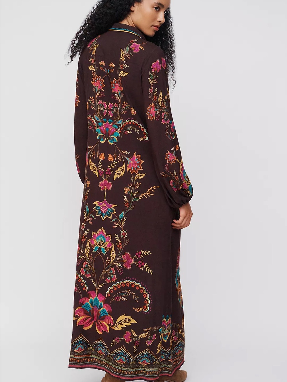 Farm Rio Anthropologie Maxi Dress Womens M Brown NWT Boho Peacock Floral Viscose - Picture 3 of 13